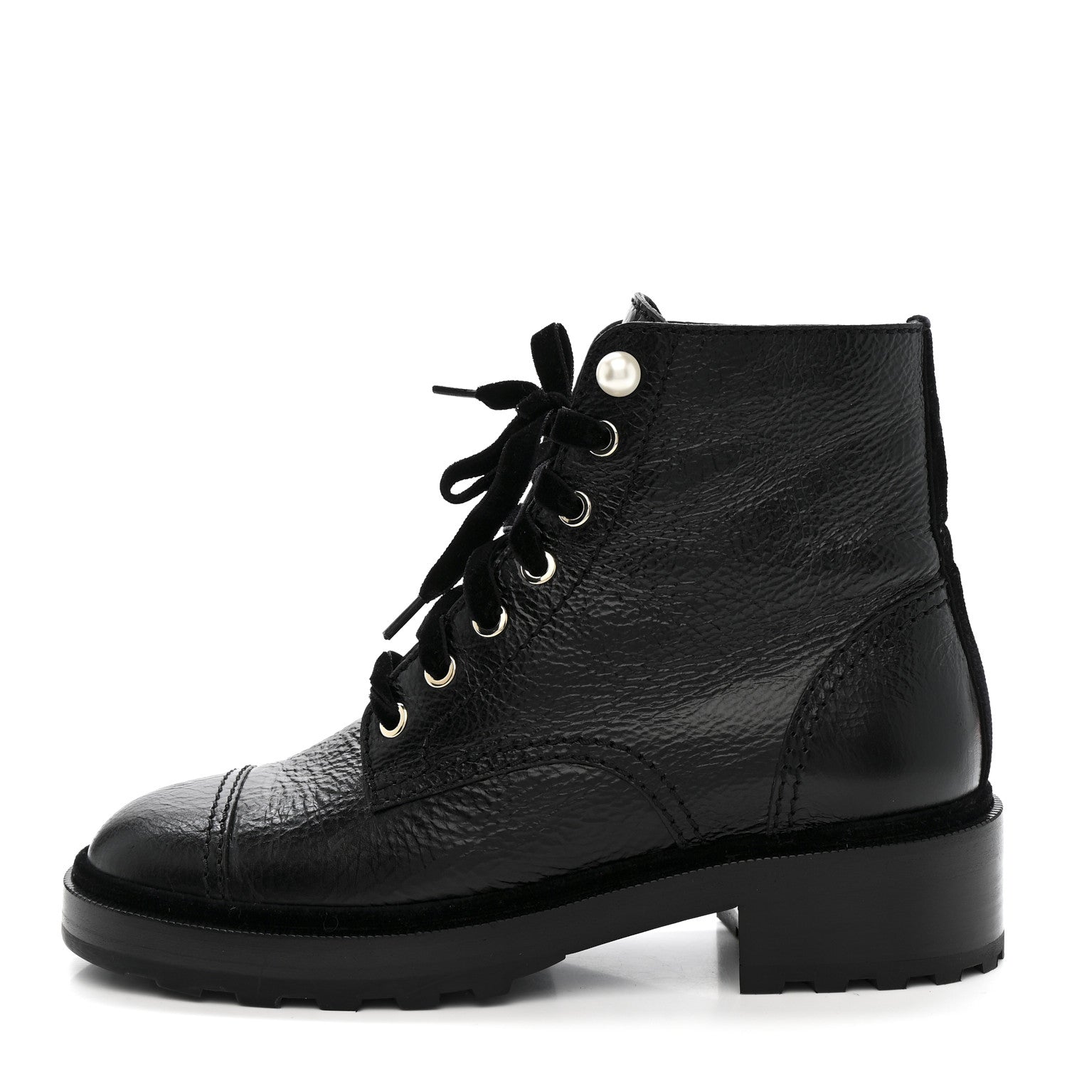 Chanel Shiny Calfskin Velvet Pearl Combat Short Boots 38 Black