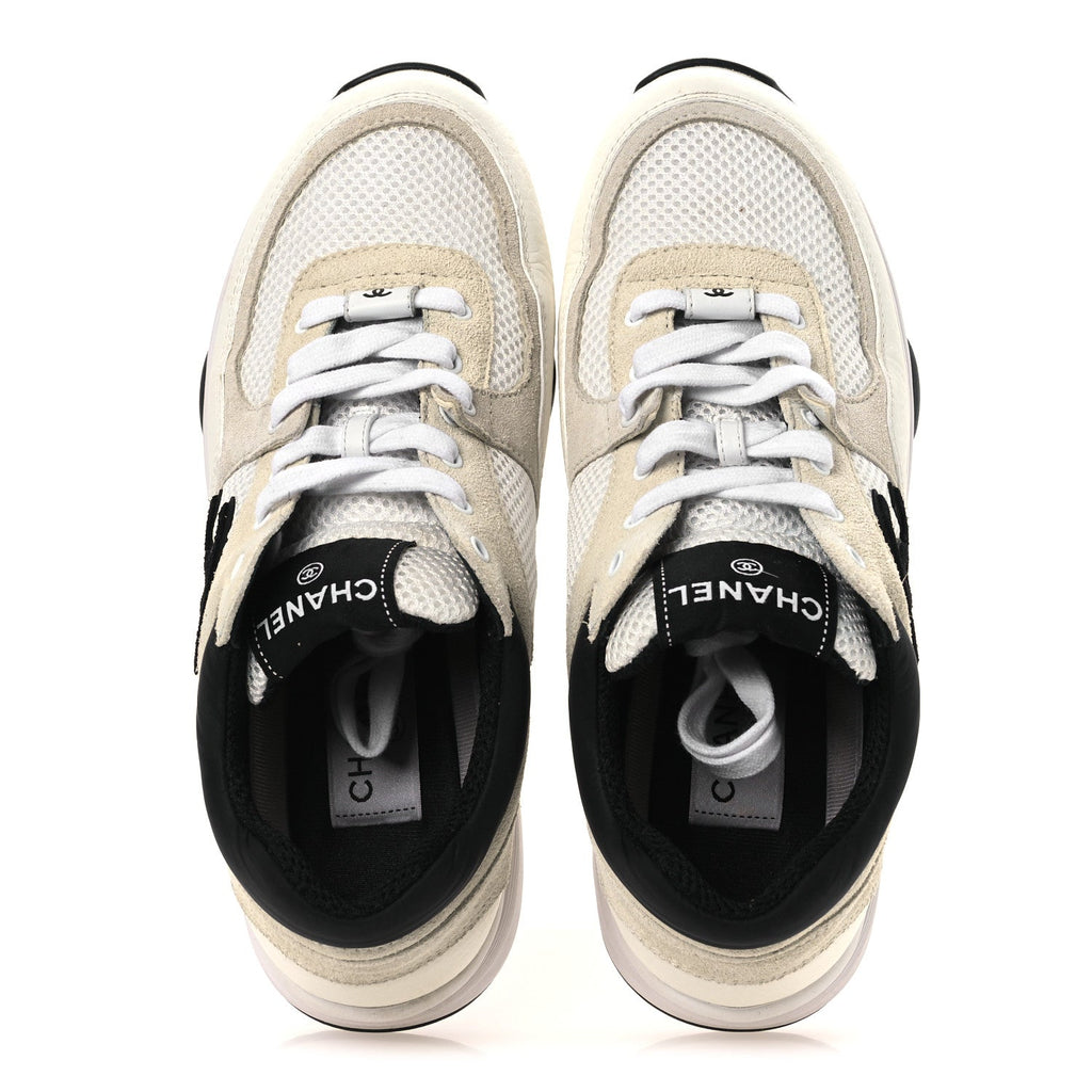 Mesh Suede Calfskin Grained Calfskin Womens CC Sneakers 38 White Black