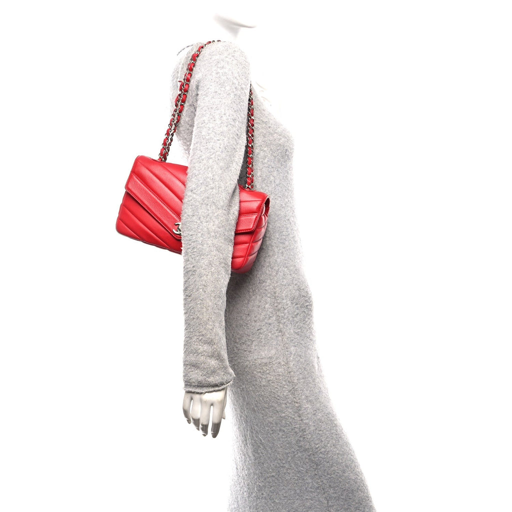 Chanel Caviar Chevron Quilted Single Flap Red