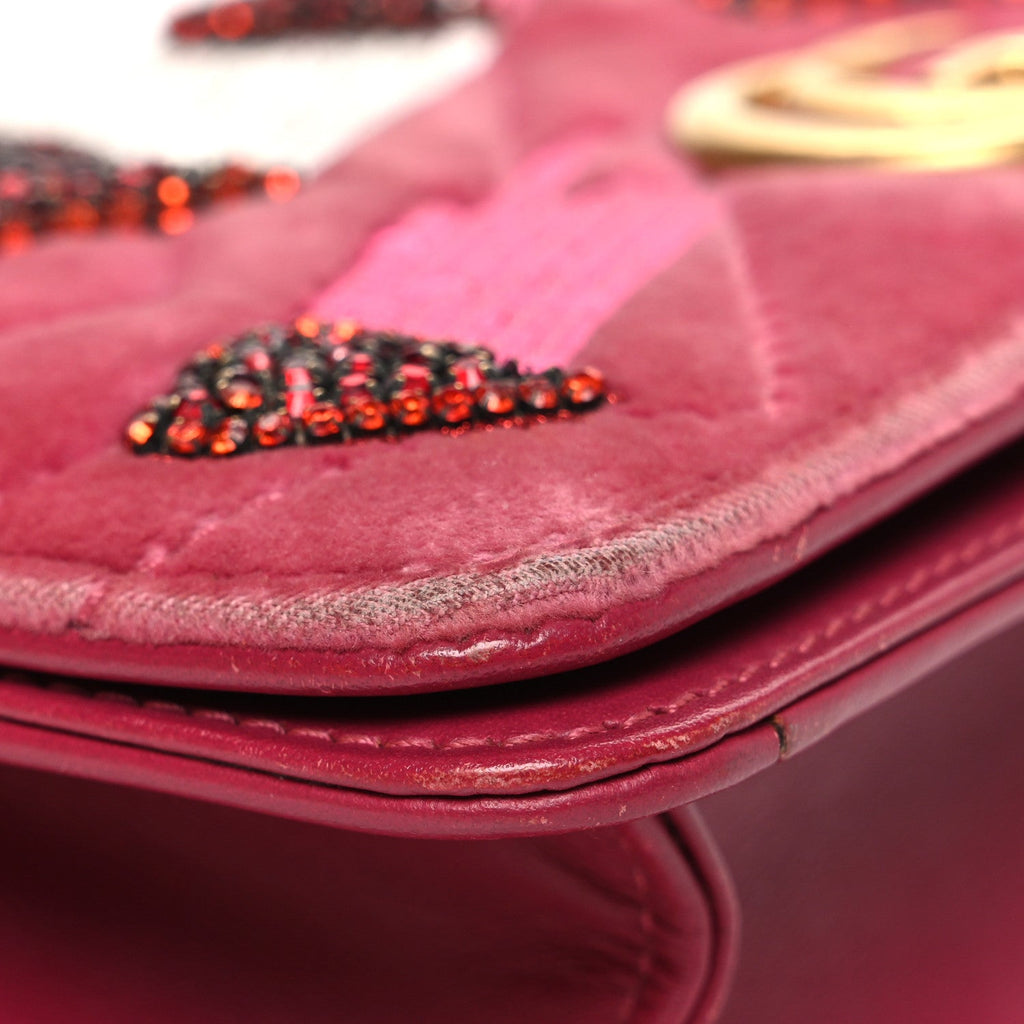 Gucci Velvet Matelasse Crystal Sequin Heart Embroidered GG Marmont Mini Bag Light Raspberry Rose