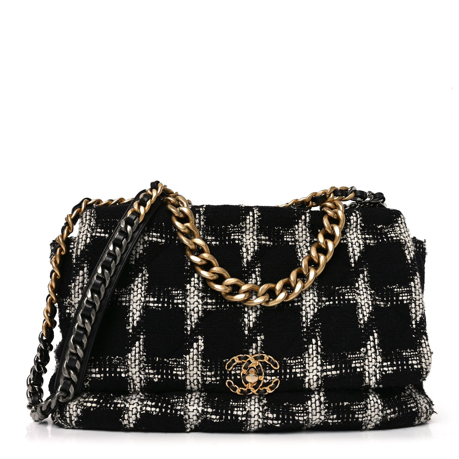 Chanel Tweed Quilted Maxi Chanel 19 Flap Black White