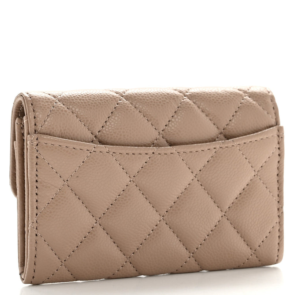 Caviar Quilted Flap Card Holder Wallet Dark Beige
