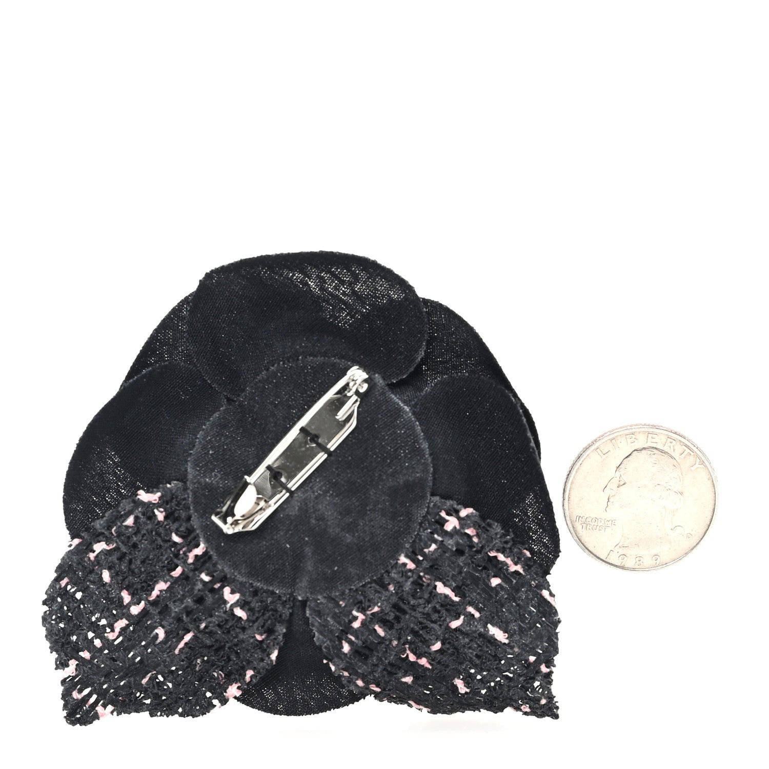 Chanel Tweed Camellia Pin Brooch Black Pink