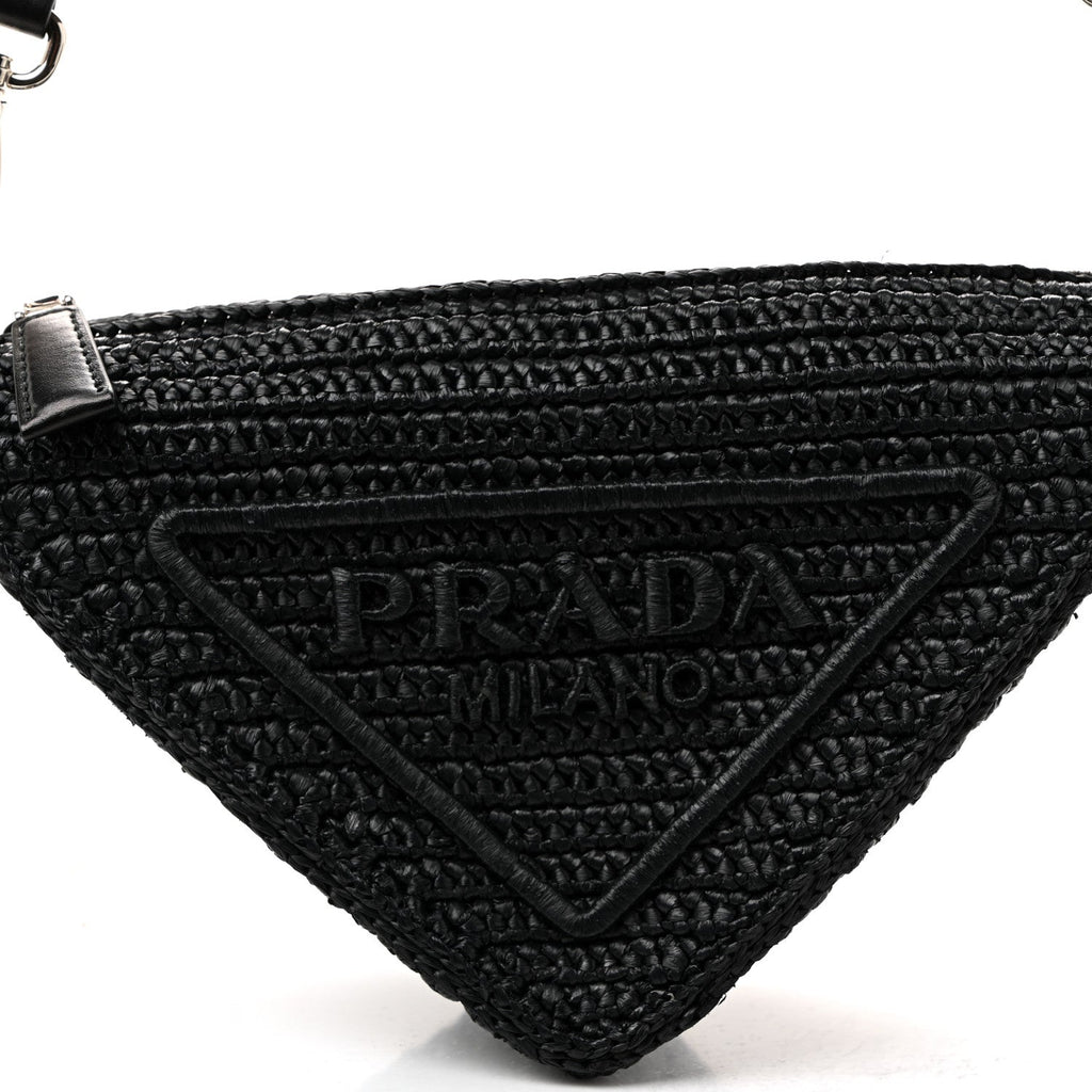 Prada Yarn Raffia Effect Crochet Triangle Shoulder Bag Black