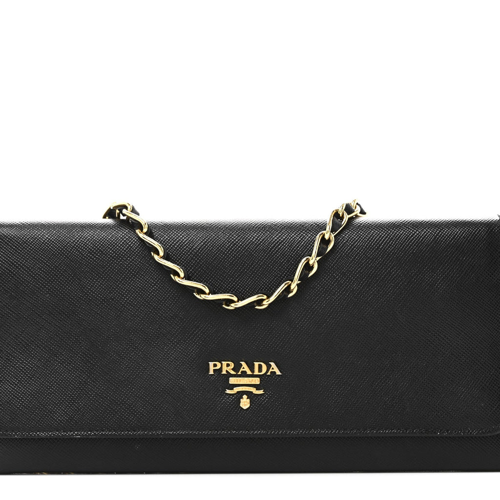 Prada Saffiano Metal Oro Chain Wallet Black