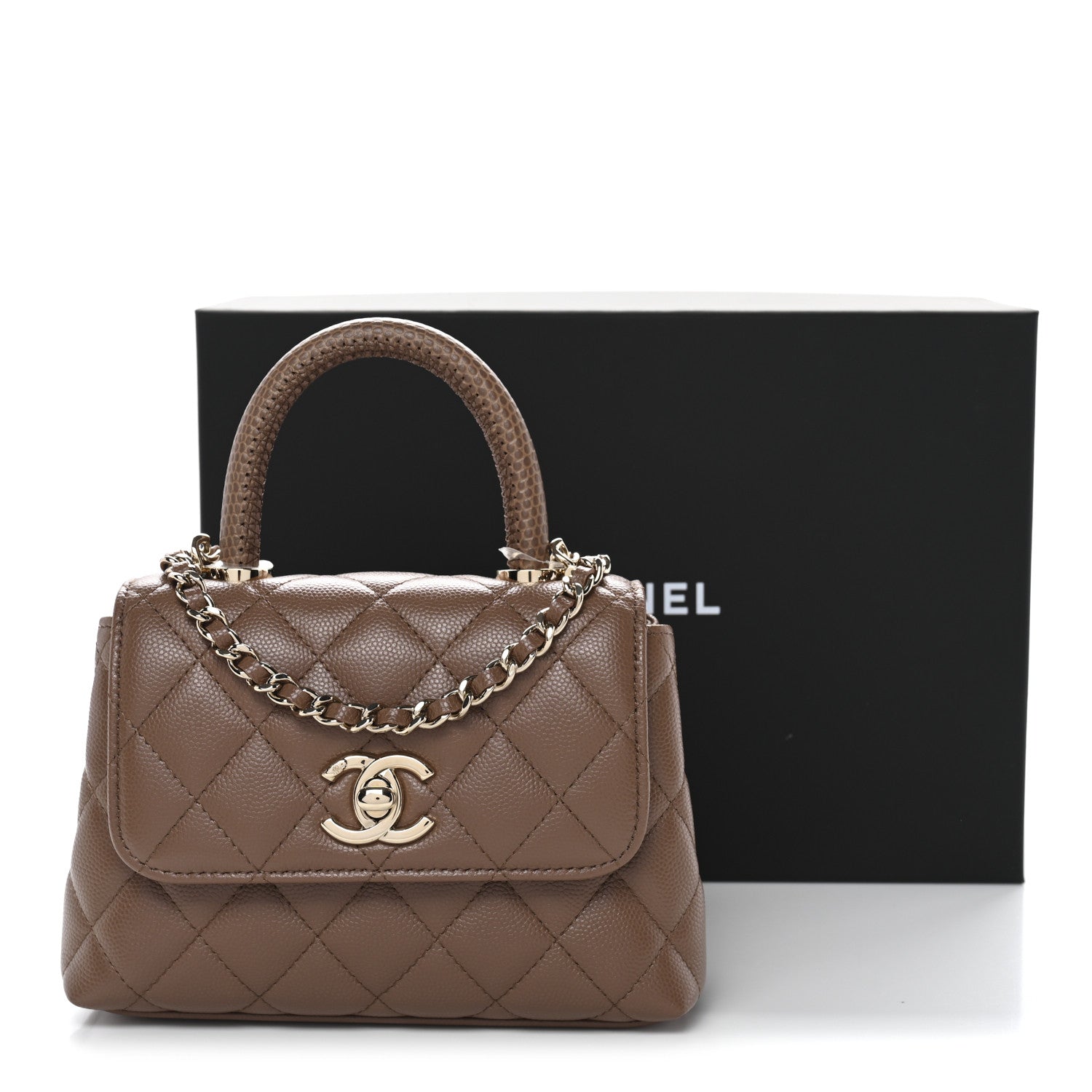 Chanel Caviar Lizard Embossed Quilted Coco Handle Clutch With Chain Brown