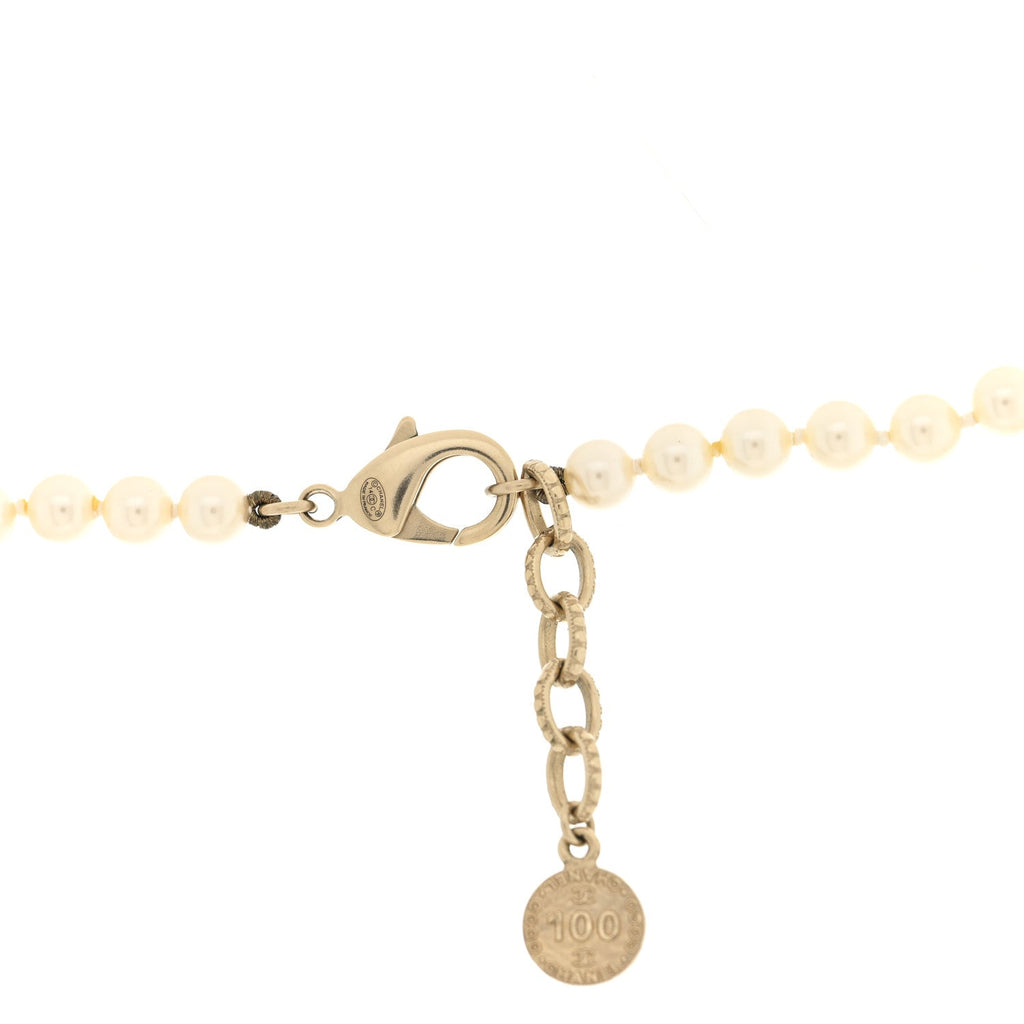 Crystal Pearl CC Long Necklace Gold