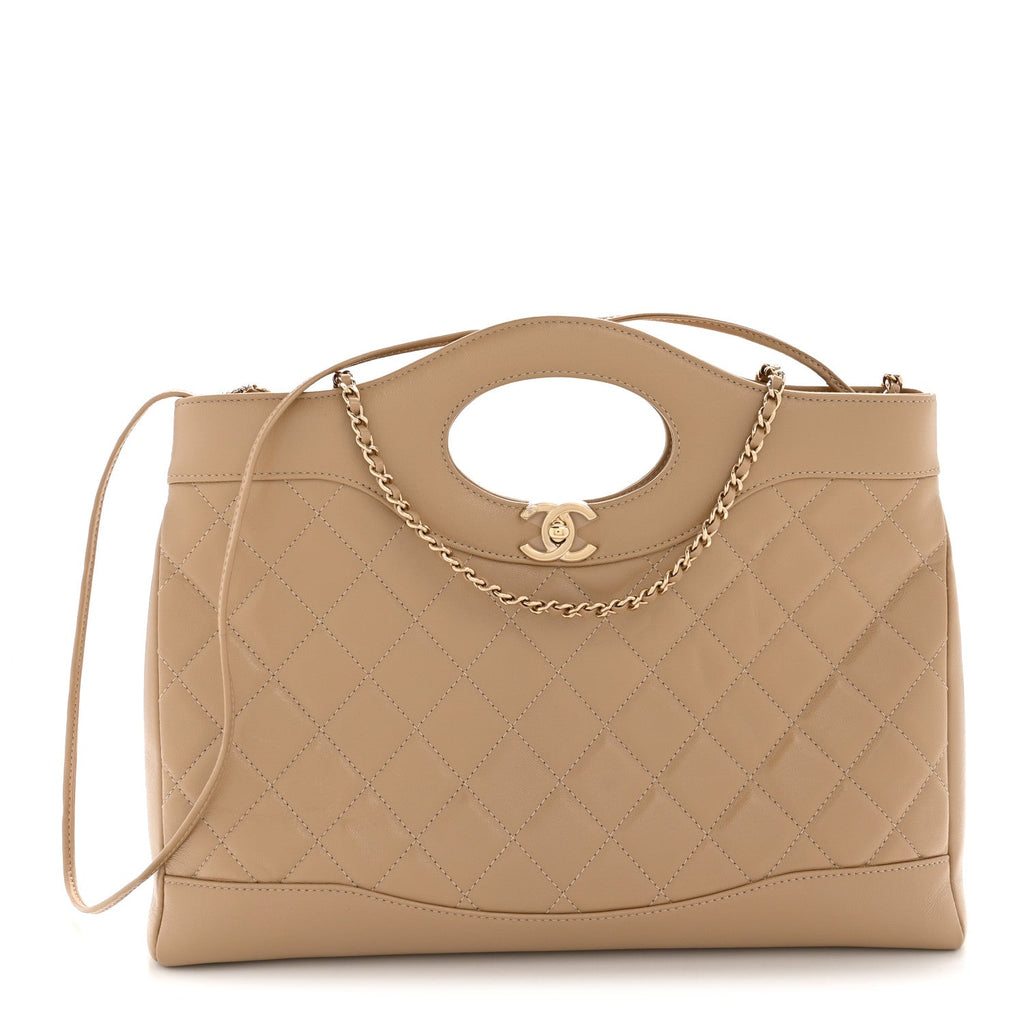 Chanel Shiny Crumpled Calfskin Quilted 31 Shopping Bag Dark Beige