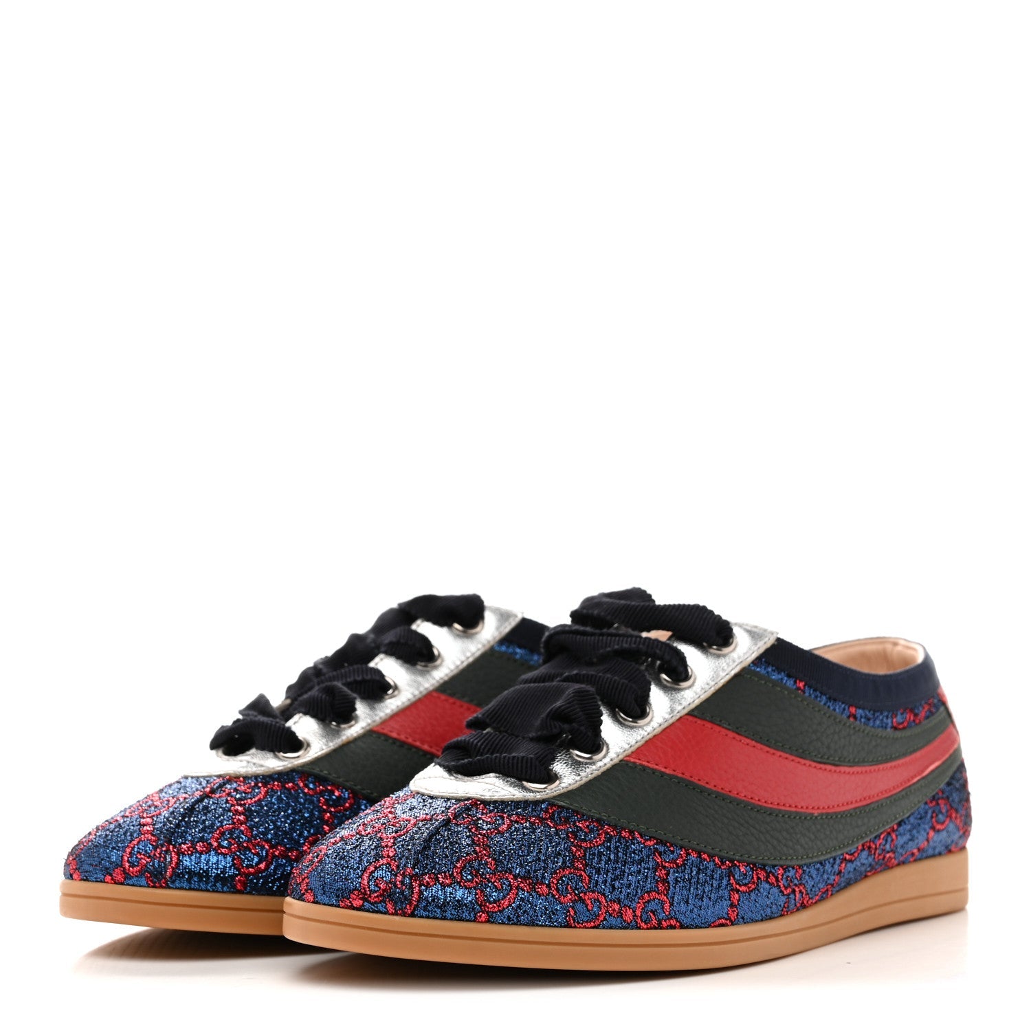 Gucci Lurex Calfskin Web GG Monogram Womens Falacer Sneakers 35.5 Iridescent Blue Iridescent Red Silver