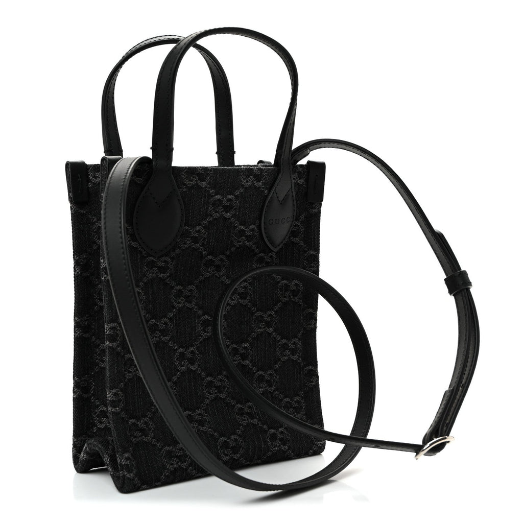 Gucci Denim Cuoio Harness GG Monogram Mini Ophidia Tote Bag Black Medium Grey