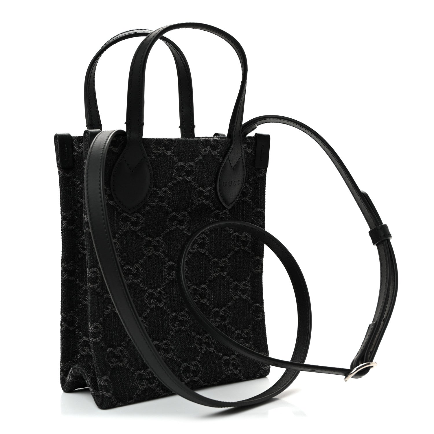 Gucci Denim Cuoio Harness GG Monogram Mini Ophidia Tote Bag Black Medium Grey