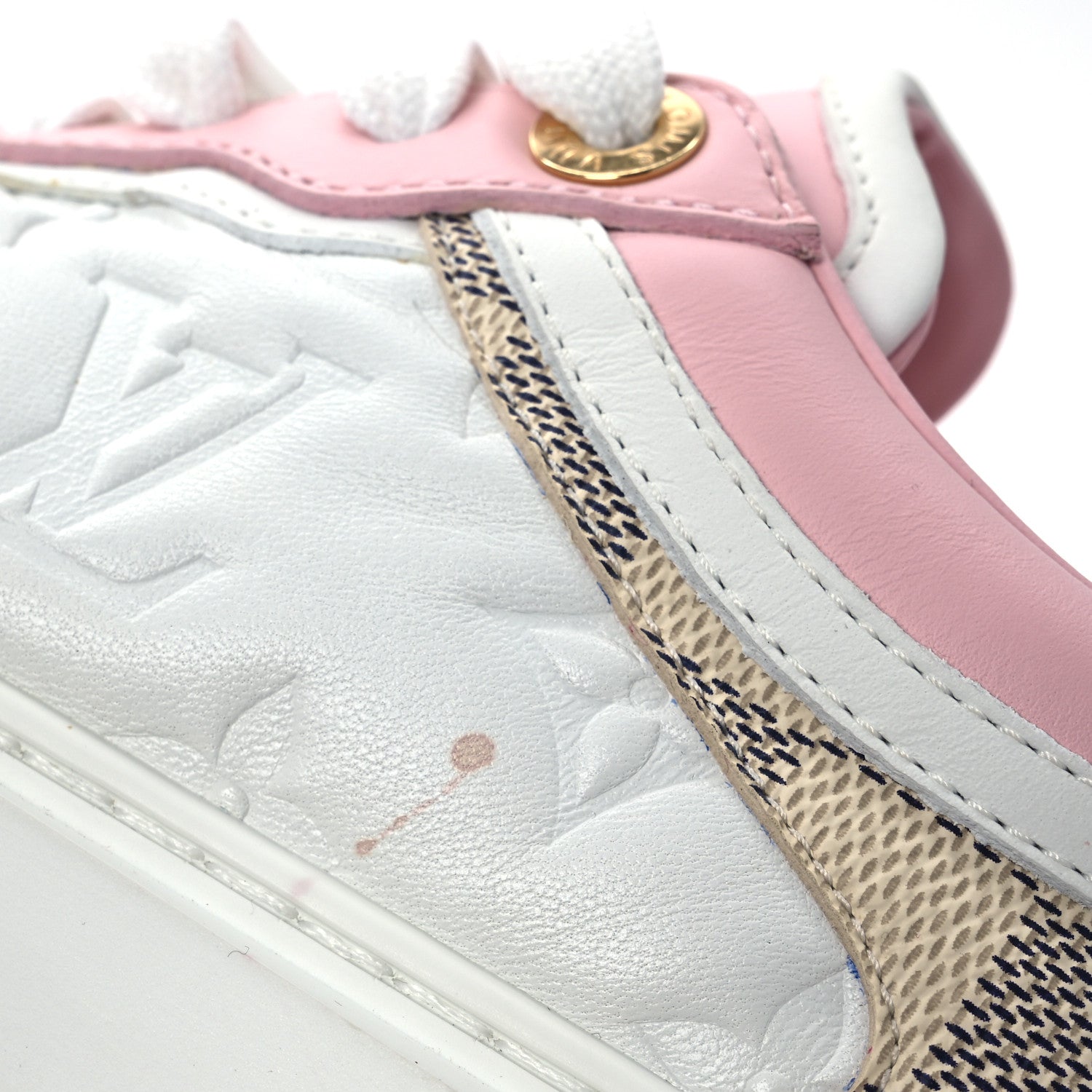 Louis Vuitton Monogram Embossed Calfskin Damier Azur Time Out Sneakers 36 Rose Clair Pink