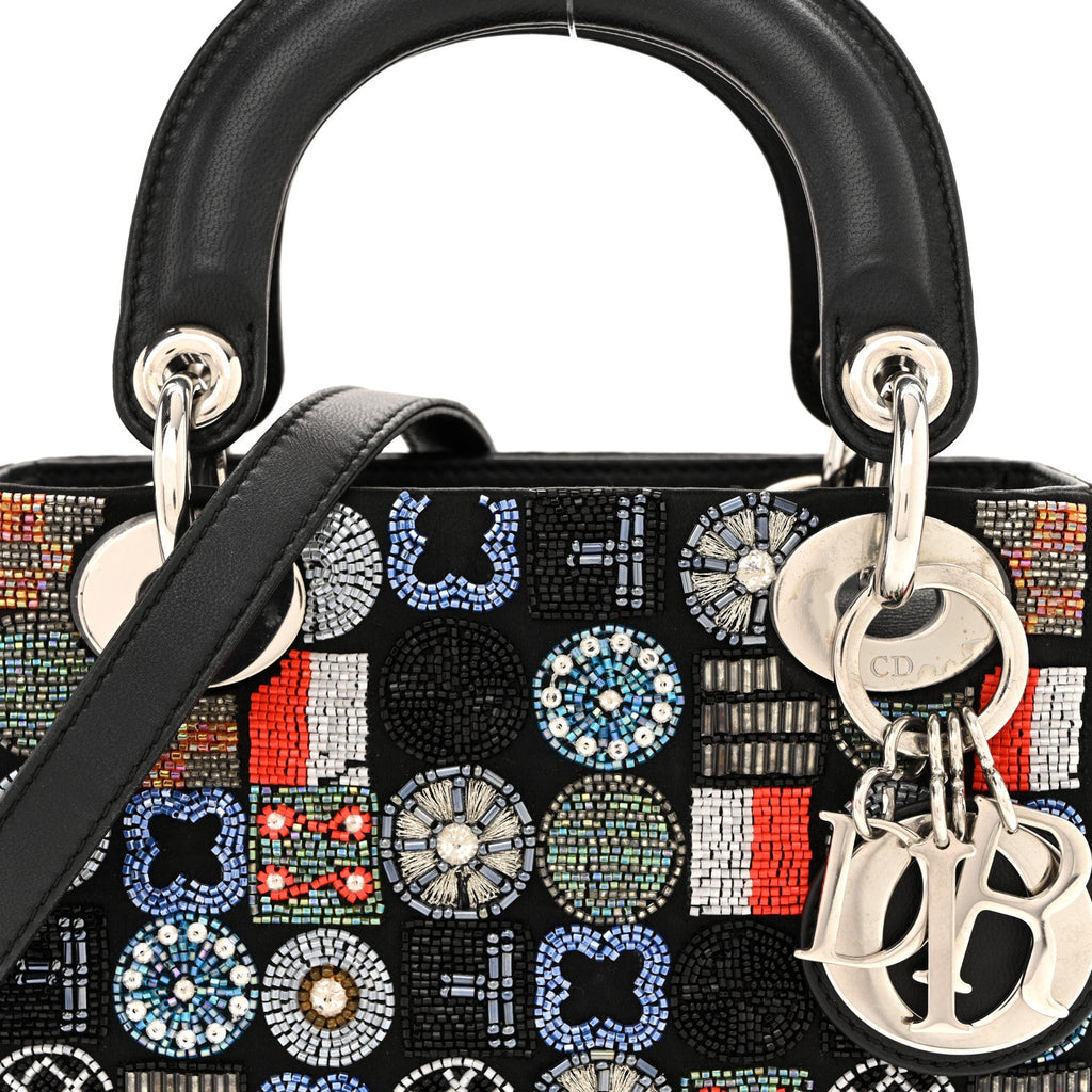 Christian Dior Satin Lambskin Embroidered Beaded Mini Lady Dior Black Multicolor