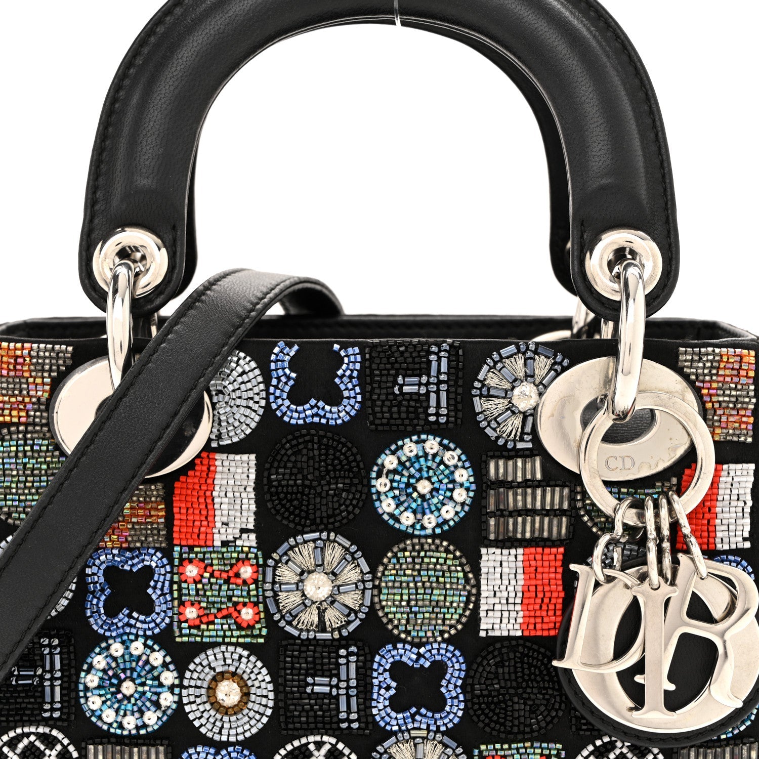 Christian Dior Satin Lambskin Embroidered Beaded Mini Lady Dior Black Multicolor