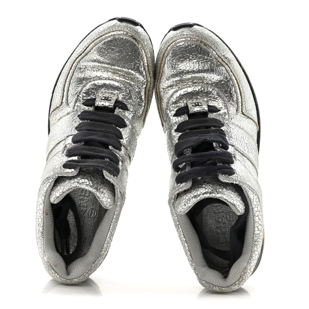 Metallic Crackled Calfskin CC Sneakers 36 Silver Black Navy