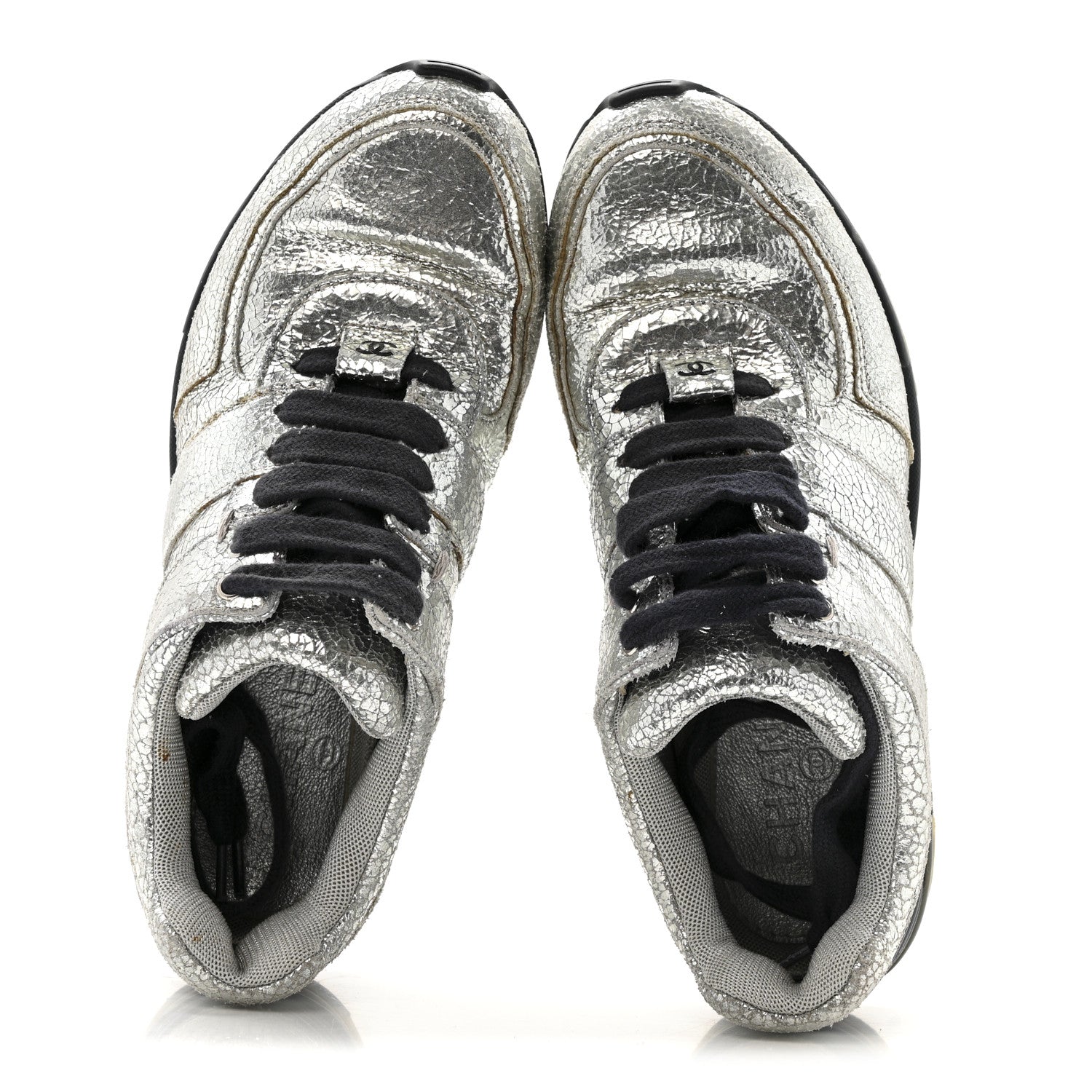 Metallic Crackled Calfskin CC Sneakers 36 Silver Black Navy