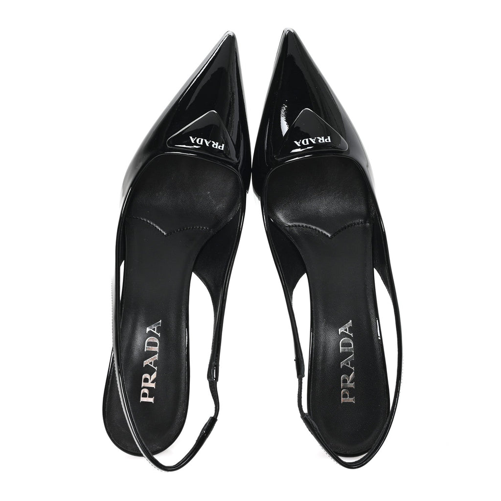 Prada Vernice Logo Pointed Toe Slingback Pumps 40 Black