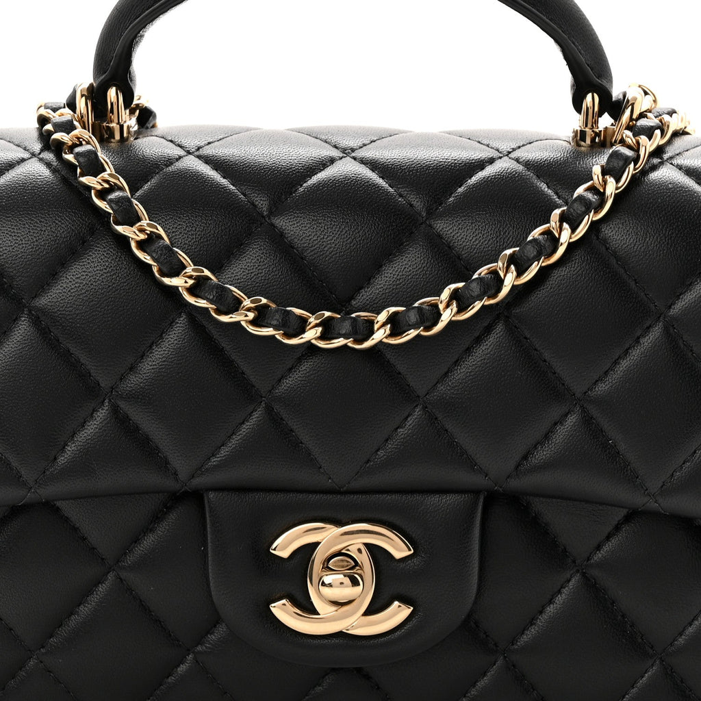 Chanel Lambskin Quilted Mini Top Handle Rectangular Flap Black