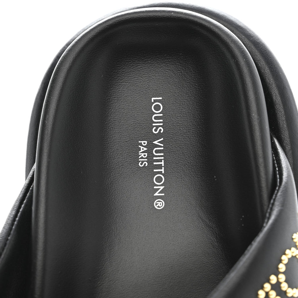Louis Vuitton Calfskin Logo Studded Pillow Flat Thong Sandals 35 Black