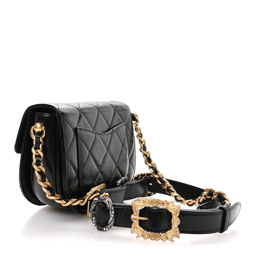 Chanel Shiny Calfskin Quilted Buckle Moon Messenger Black