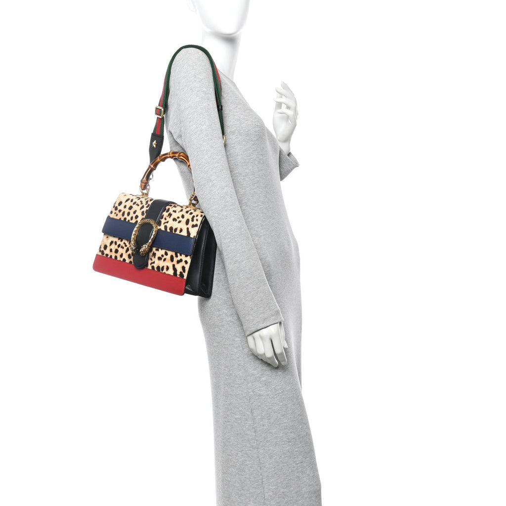 Gucci Calf Hair Calfskin Bamboo Web Leopard Print Medium Dionysus Top Handle Bag Natural Blue Agata Hibiscus Red