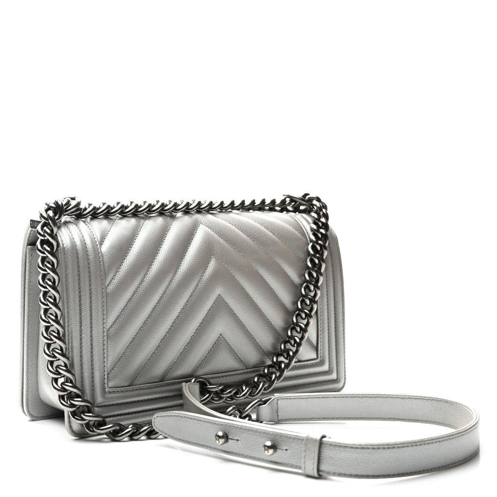 Chanel Metallic Caviar Chevron Quilted Medium Boy Flap Silver