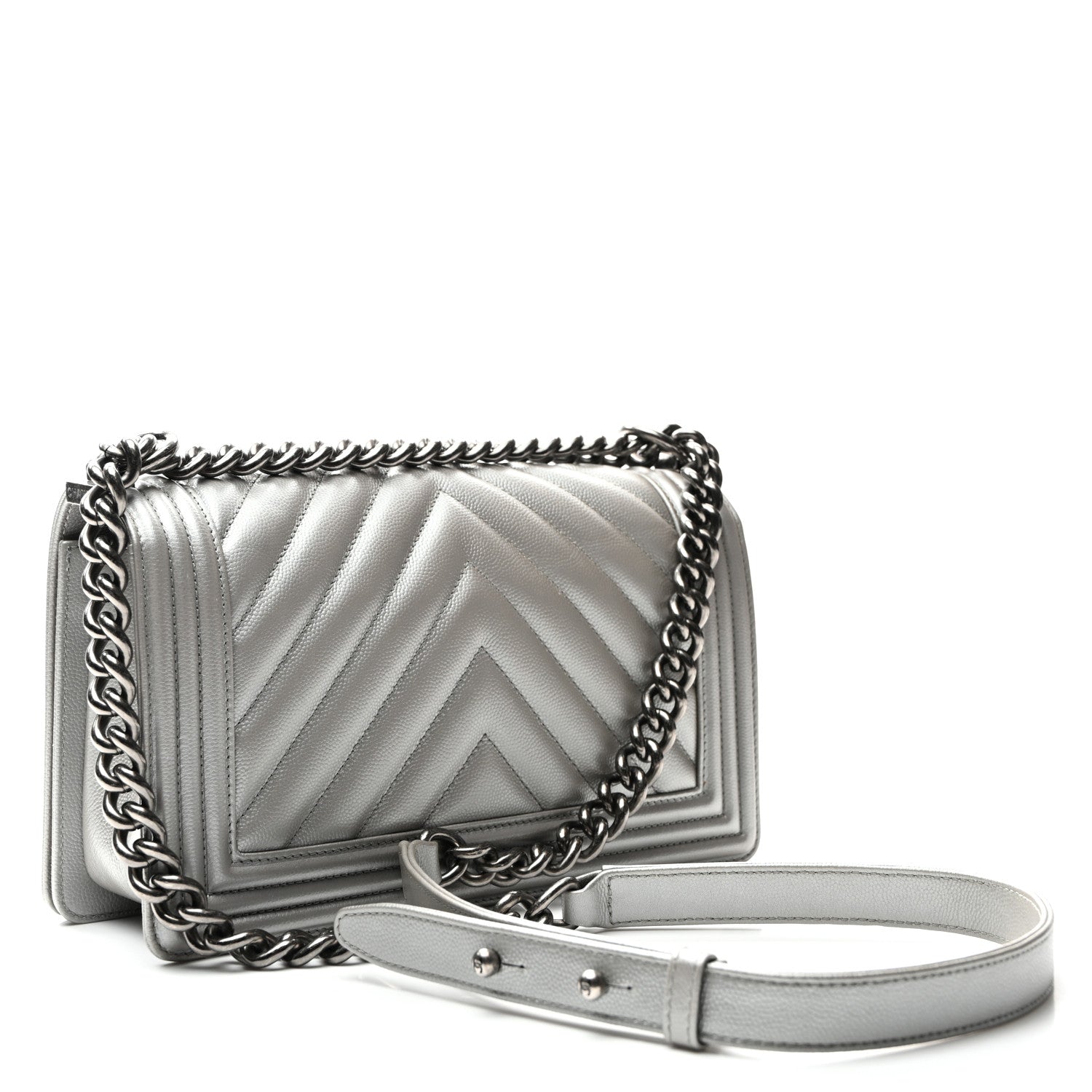 Chanel Metallic Caviar Chevron Quilted Medium Boy Flap Silver