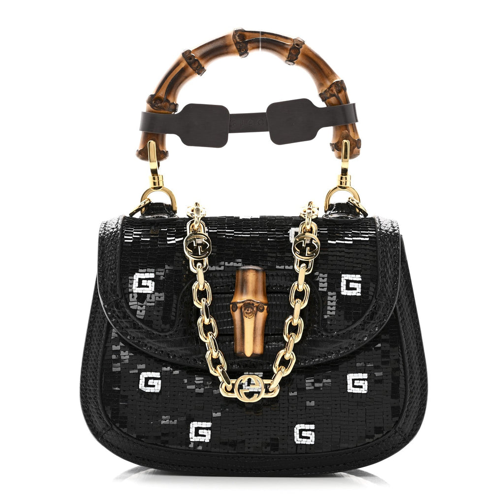 Gucci Sequin Lizard Embossed GG Mini Bamboo 1947 Top Handle Chain Bag Black White