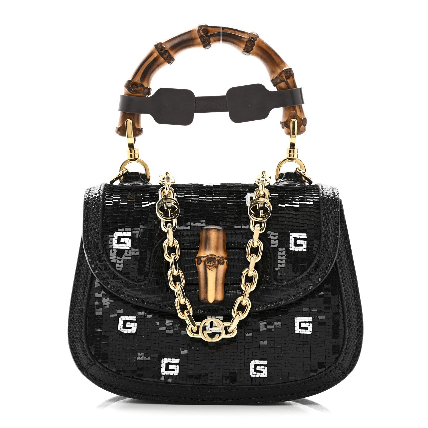 Gucci Sequin Lizard Embossed GG Mini Bamboo 1947 Top Handle Chain Bag Black White