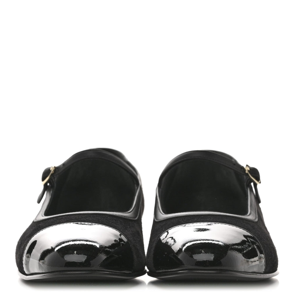 Chanel Suede Kidskin Lambskin Patent Calfskin Cap Toe CC Mary Jane Flats 39.5 Black