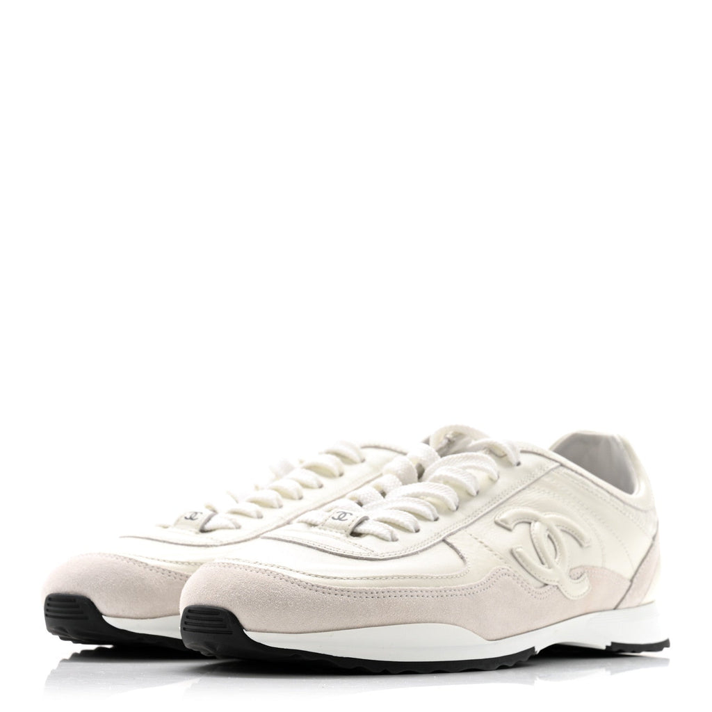 Chanel Suede Calfskin Quilted CC Sneakers 38.5 White Black