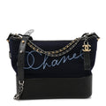 Chanel Calfskin Wool Embroidered Paris Hamburg Medium Gabrielle Hobo Dark Navy Blue