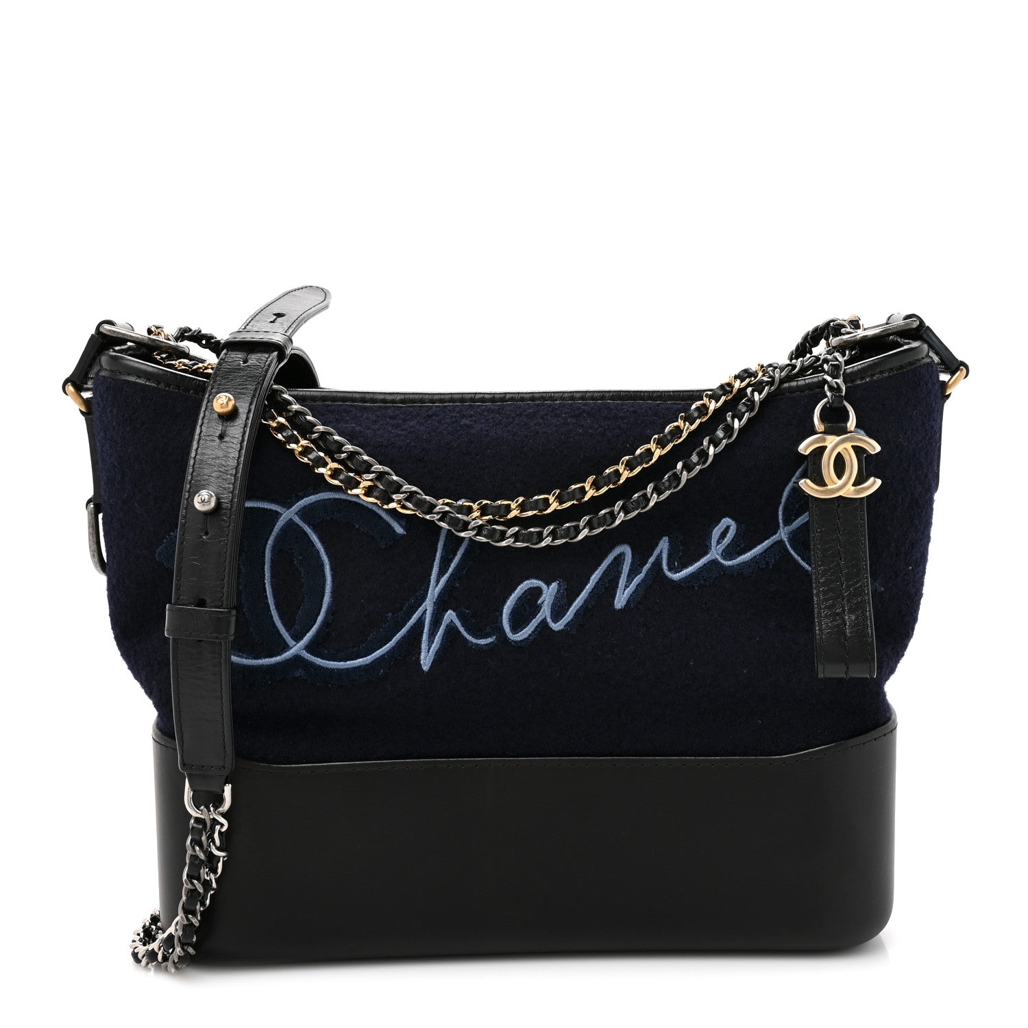 Chanel Calfskin Wool Embroidered Paris Hamburg Medium Gabrielle Hobo Dark Navy Blue