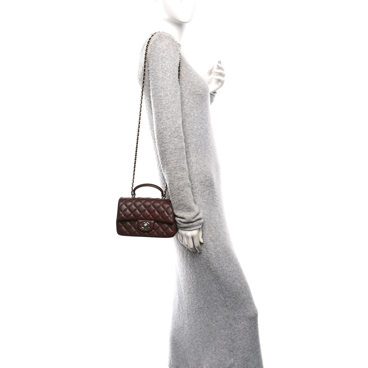 Chanel Lambskin Quilted Mini Top Handle Rectangular Flap Dark Brown