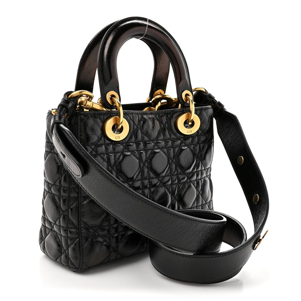 Christian Dior Crinkled Patent Cannage Small Lucky Badges My Lady Dior Black