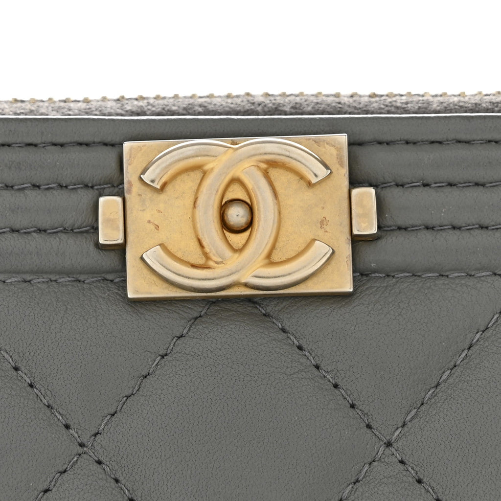 Lambskin Quilted Large Boy Zip Pouch Grey