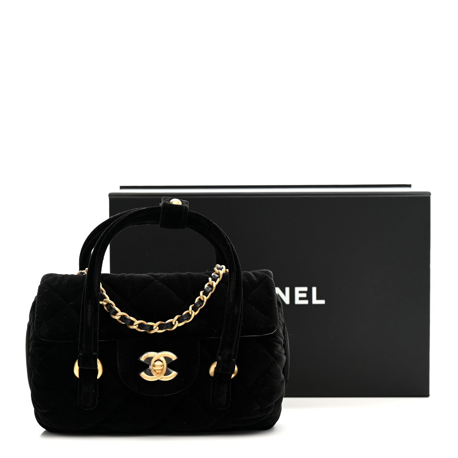 Chanel Velvet Quilted Mini Top Handle Flap Black