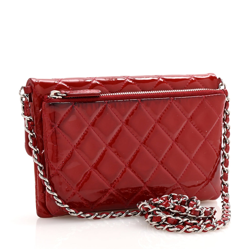 Chanel Patent Quilted Mini Flap Clutch With Chain  Red
