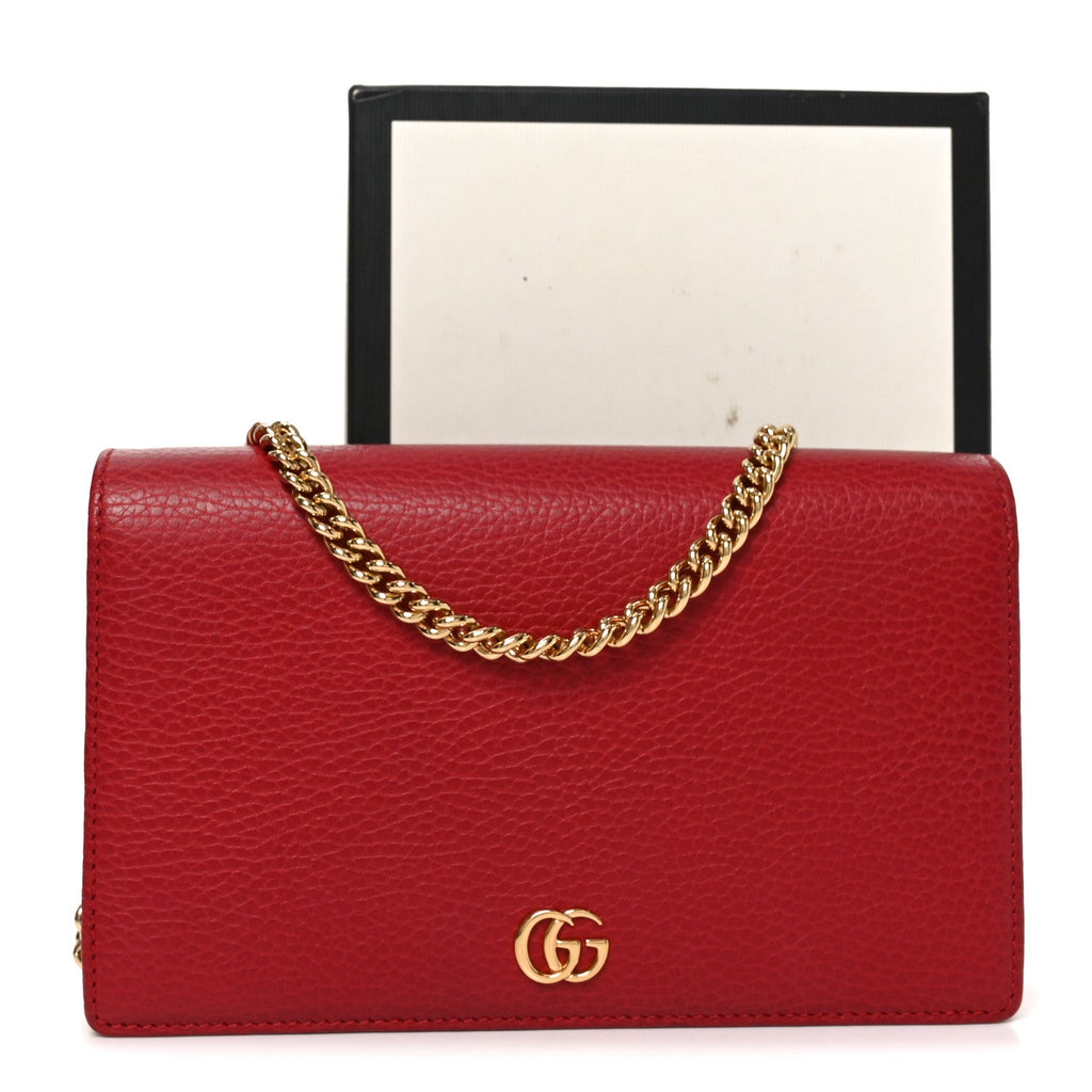 Gucci Dollar Calfskin Mini GG Marmont Chain Wallet Hibiscus Red
