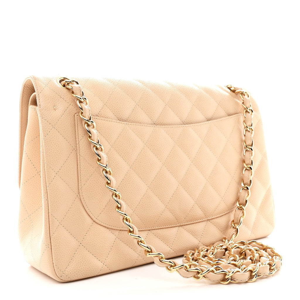 Chanel Caviar Quilted Jumbo Double Flap Beige