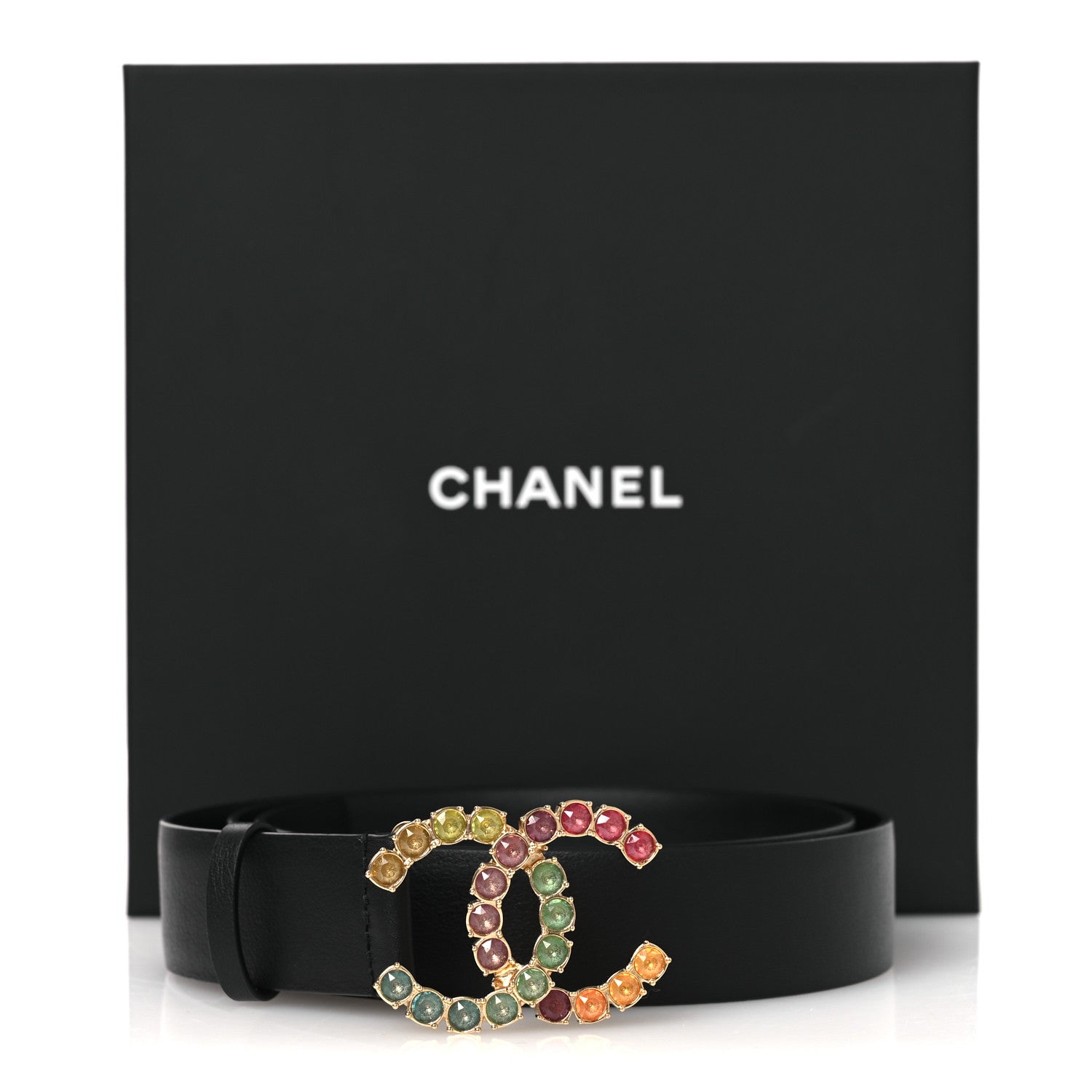 Calfskin Crystal CC Belt 85 34 Black Multicolor