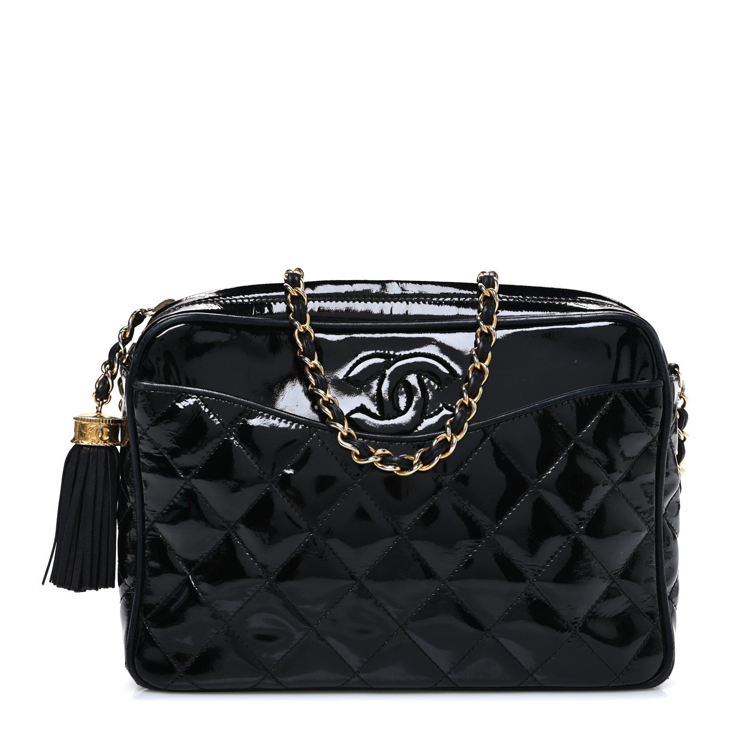 Chanel Patent Quilted Tassel Camera Case Black
