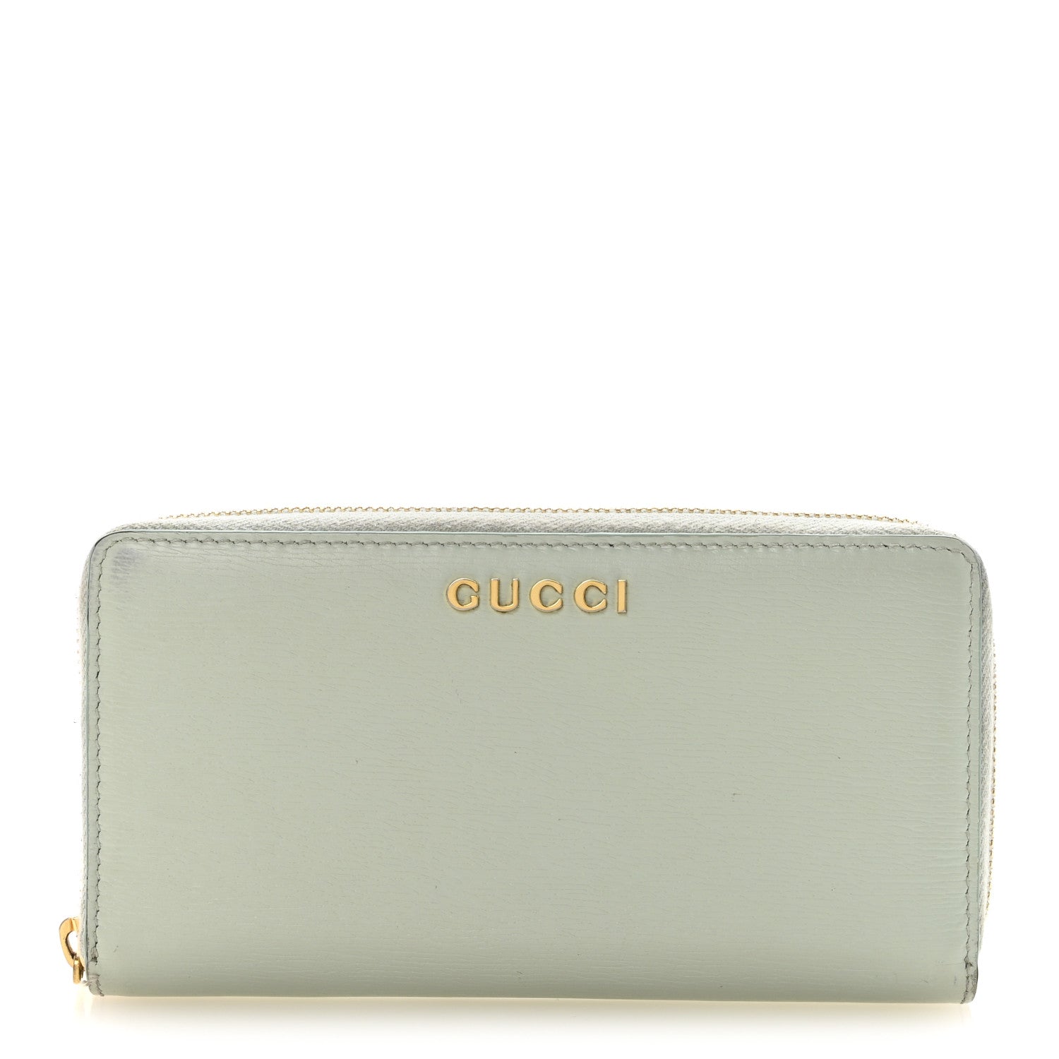 Gucci Textured Calfskin Gucci Script Zip Around Wallet Light Blue