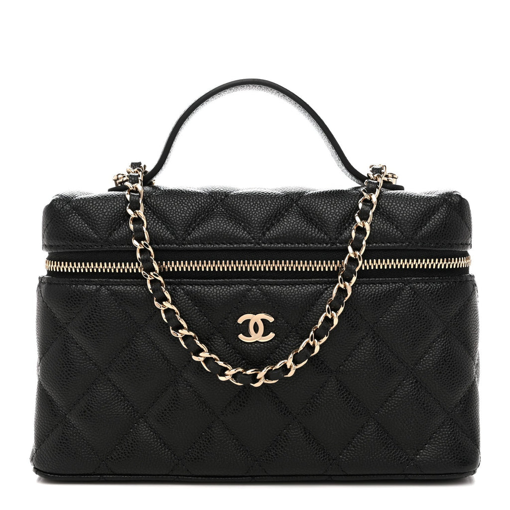 Chanel Caviar Quilted Top Handle Slim Vanity With Chain Black