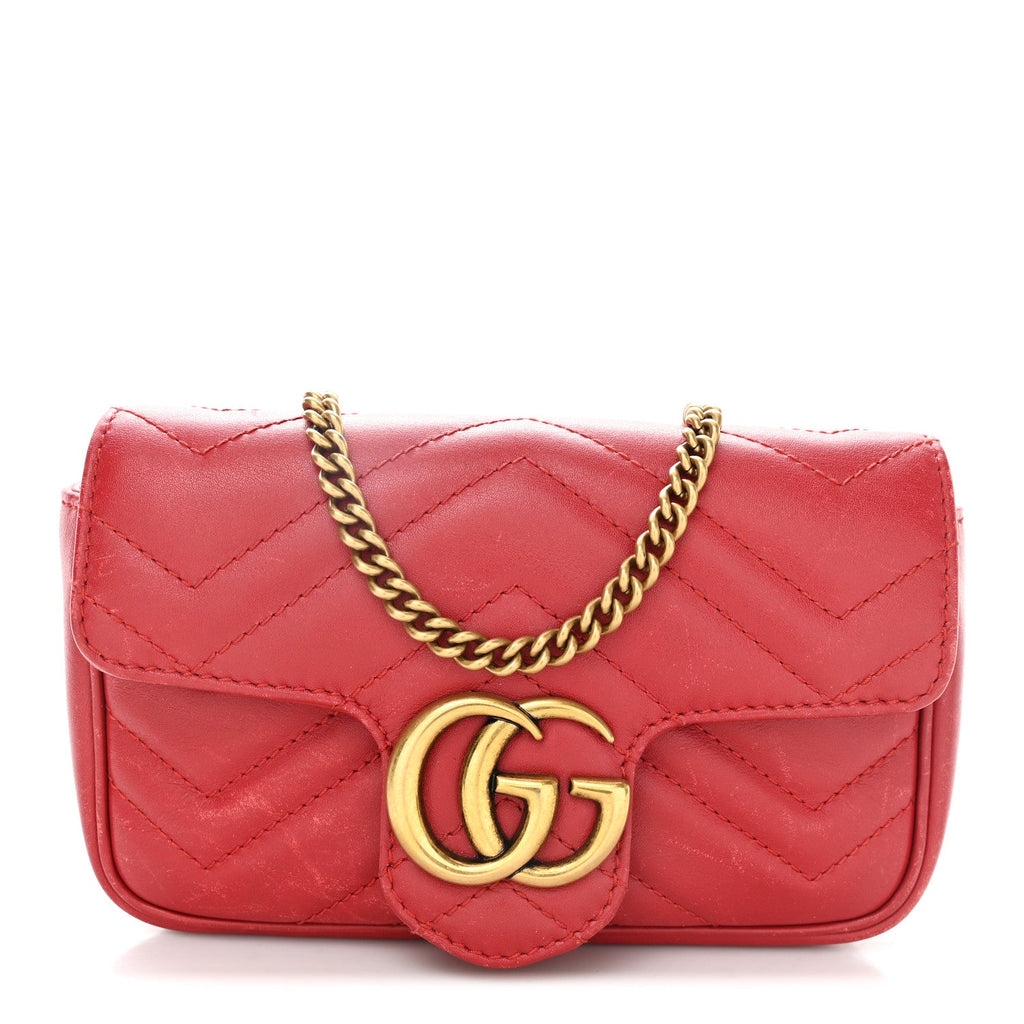 Gucci Calfskin Matelasse Super Mini GG Marmont Shoulder Bag Hibiscus Red