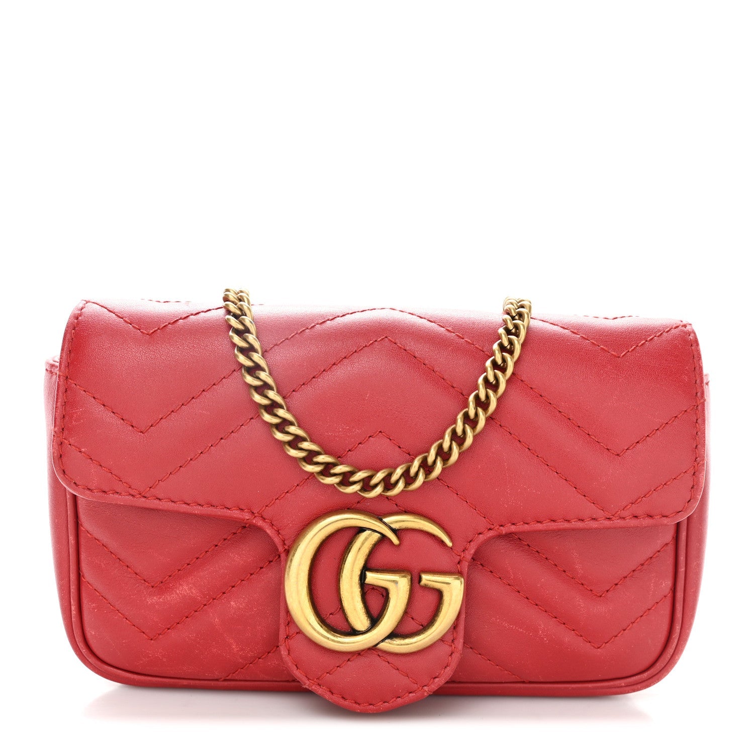 Gucci Calfskin Matelasse Super Mini GG Marmont Shoulder Bag Hibiscus Red