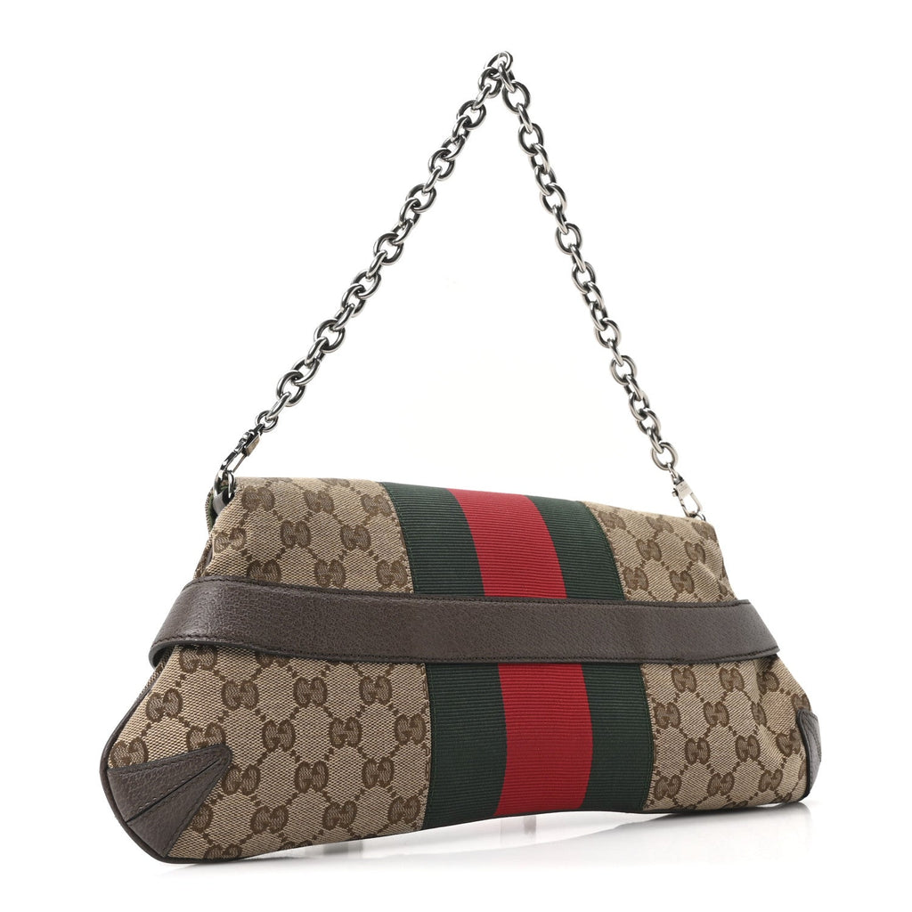 Gucci Monogram Textured Dollar Calfskin Heavy Grosgrain Web Medium Maxi Horsebit Chain Shoulder Bag Beige Ebony New Acero