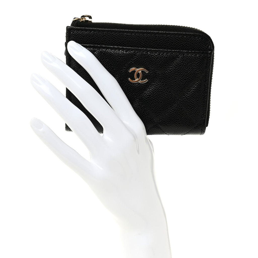 Caviar Quilted Flap Zip Card Holder Black