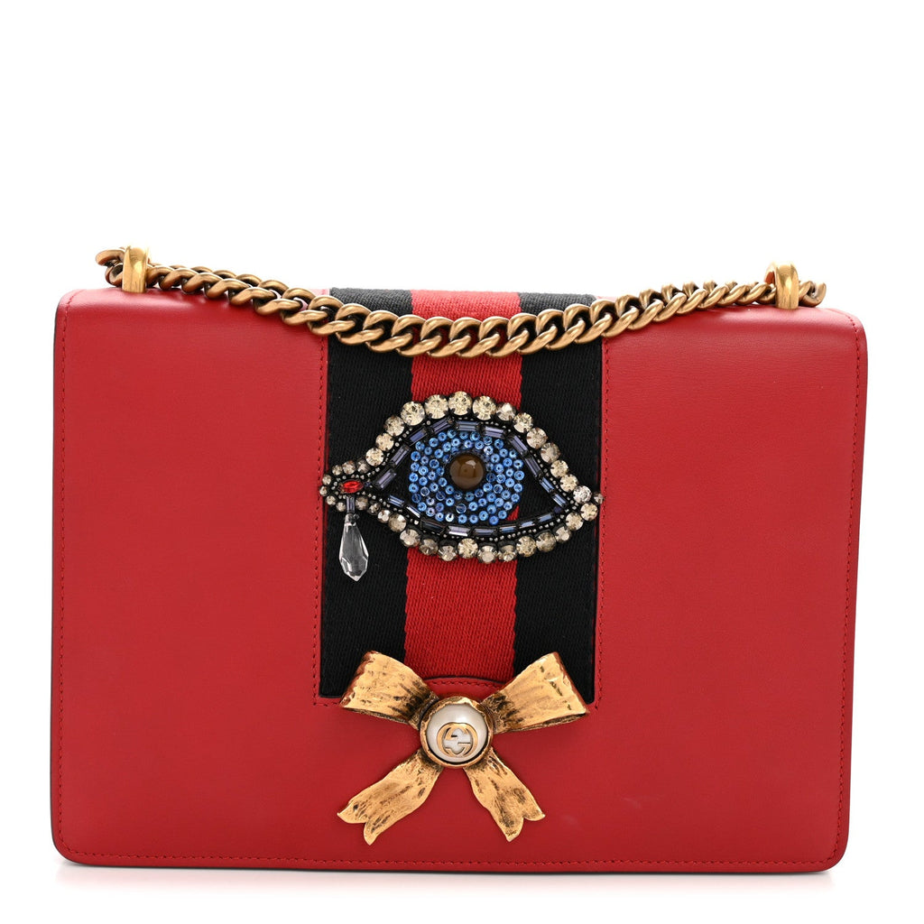 Gucci Calfskin Web Medium Peony Chain Shoulder Bag Red