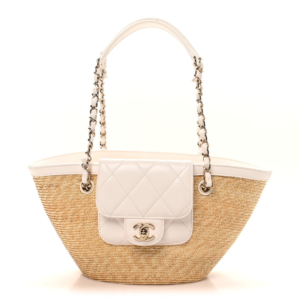 Chanel Raffia Braided Lambskin Small Shopping Tote Beige White